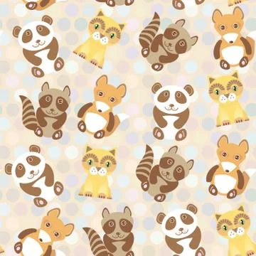 Polka dot background, pattern. Funny cute raccoon, panda, fox, cat on dot bac Illustrazione stock