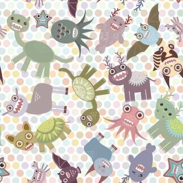 Polka dot background, seamless pattern. Funny cute dinosaur monsters. Vector Stockillustratie