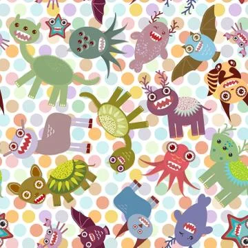 Polka dot background, seamless pattern. Funny cute dinosaur monsters. Vector Stock Illustration