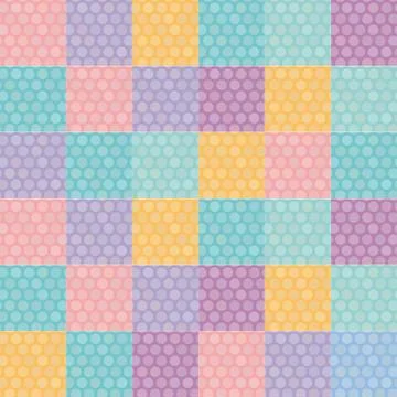 Polka dot background seamless pattern with orange pink lilac blue square. Vec Illustrazione stock