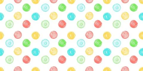 Polka dot quirky seamless pattern of squiggly pastel circles in red, green, blue Stock Illustration