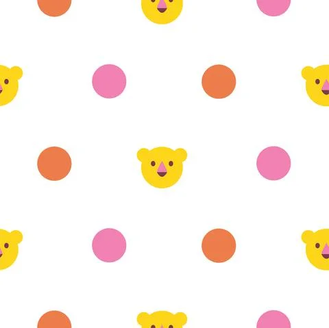 Polka dot seamless pattern with bright circles and lion cute face. Illustrazione stock