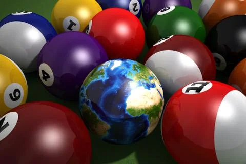 Poll table with balls and one of them as Earth. Stock Illustration