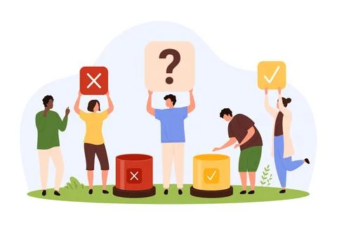 Poll, test with choice options, tiny people choose between positive and negative Stock Illustration