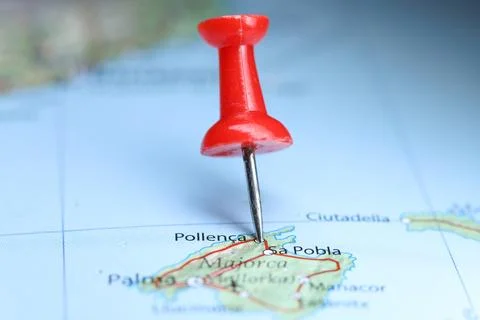 Pollenca, Mallorca, Spain pin on map Stock Photos