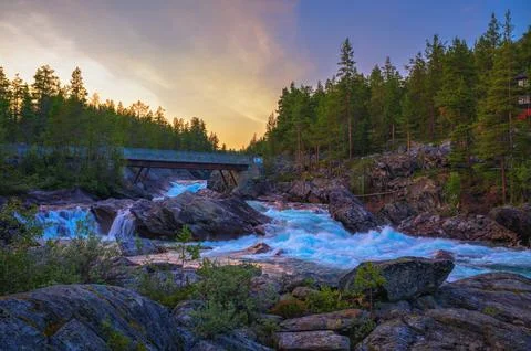 Pollfoss Waterfall on Framruste River at Sunset, Oppland, Norway Stock-Fotos