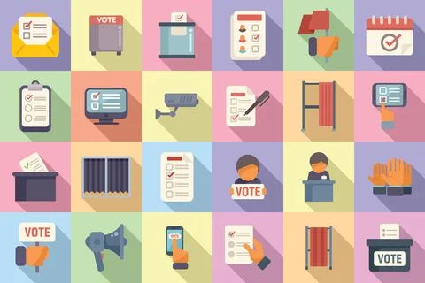 Polling booth icons set flat vector. Ballot box 스톡 일러스트