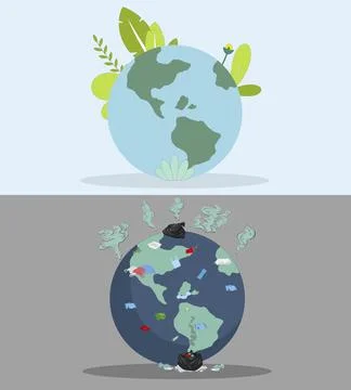 Polluted and clean planet, vector pollution on earth Stock Illustration
