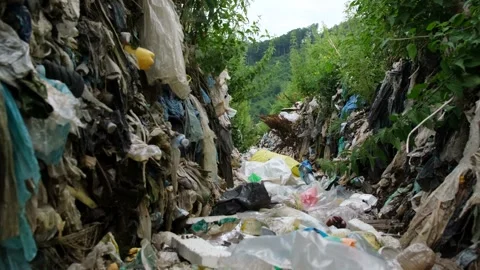 Polluted and dried up rivers with plastic waste. The concept of environmental Stock Footage 250168984