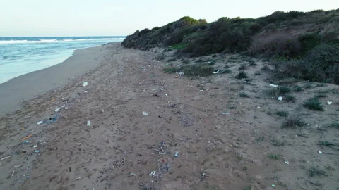 Polluted beach, environmental problem quadcopter footage Stock Footage 303575568