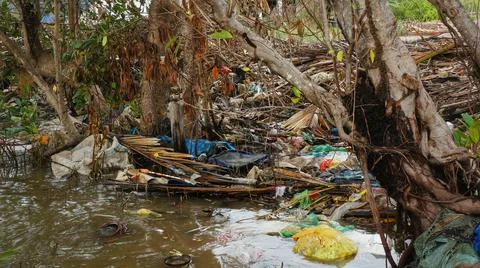 Polluted Earth Garbage Spread On The River Stock Photos