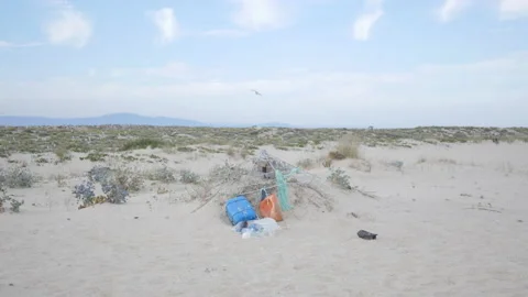 Polluted Environment of Sandy Beach and Ocean, Plastic Trash, 4k Stock Footage 201124035