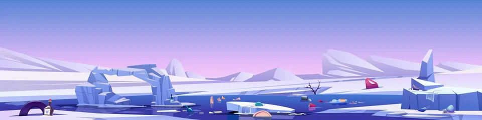 Polluted with garbage winter cartoon landscape. Stock Illustration