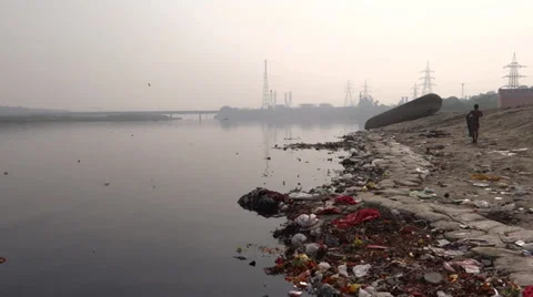 The Polluted Holy River Yamuna Stock Footage 32864768