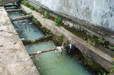 Polluted murky water flows through a broken concrete channel showing enviro.. Stock Photos
