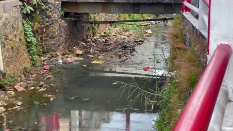 Polluted river and dirty water canal under bridge Vídeos de archivo 346561489