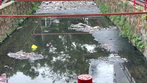Polluted river full of plastic trash and garbage 스톡 동영상 343174913