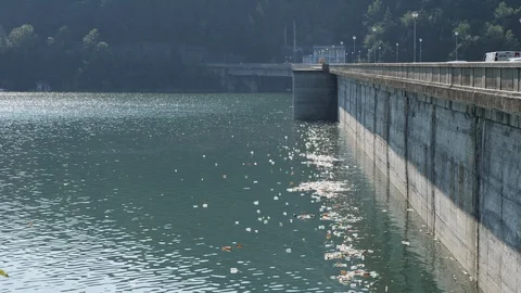 Polluted river near the dam Stock Footage 98036288