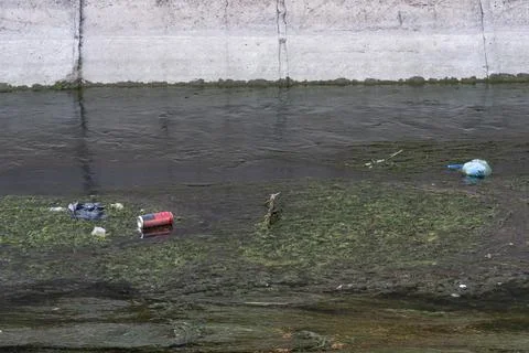 Polluted River with Plastic and Trash Stock Photos