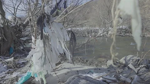 Polluted river with plastic and trees with nylons in slow motion Stock-Footage 149246376
