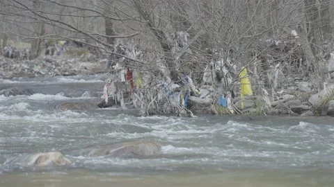 Polluted river on the shore with nylons and plastics Stock-Footage 152830667