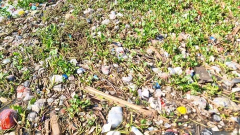 Polluted River Surface Covered with Plastic Waste and Domestic Trash Stock Footage 332885760