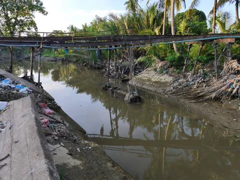 Polluted river under a bridge with trash. Fotos Stock