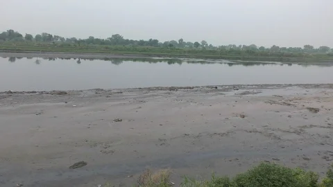 Polluted river yamuna on both the sides Stock Footage 114391462