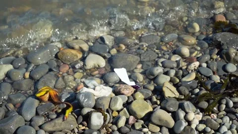 Polluted rocky shore. Pollution on a ocean beach. Trash left by people, FullHD Stock Footage 232883361