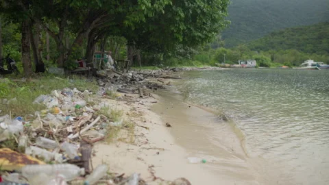 Polluted sandy beach covered with discarded plastic litter along the shoreline 動画素材 344604473