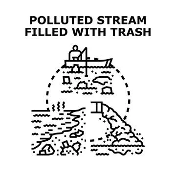 Polluted stream filled with trash concept vector Stock Illustration