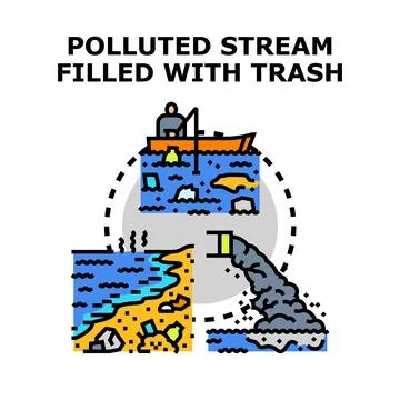 Polluted stream filled with trash concept vector Stock Illustration