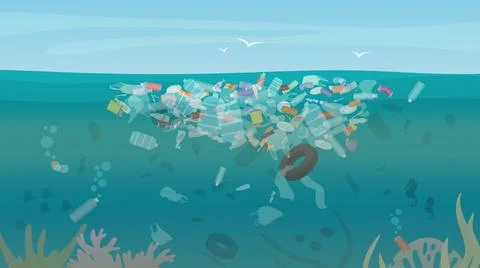 Polluted with trash and garbage underwater of sea, bottles, plastic bags and Иллюстрация