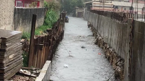 Polluted urban river during a storm in Sao Paulo, Brazil Stock Footage 142464672