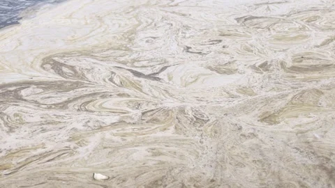 A polluted water surface covered with thick foam and swirling dirty pattern 스톡 동영상 303370970