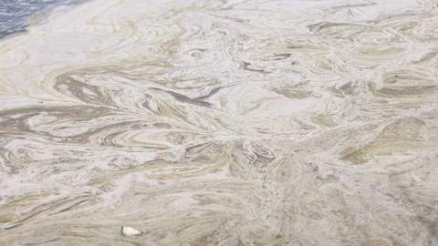 A polluted water surface covered with thick foam and swirling dirty pattern. Stock Footage 303655474