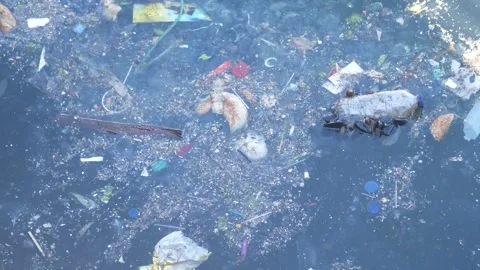 Polluted water with various garbage and plastic waste floating on surface d.. Stock Footage 332193054