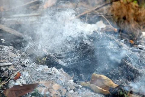 Pollution and trash in dirty stream with smoke and debris Foto stock