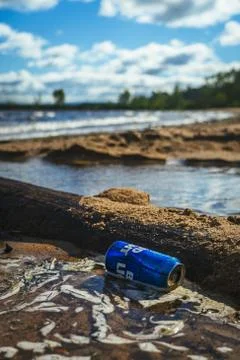 Pollution on the Beach, beer can. Stock-Fotos