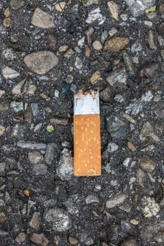 Pollution by cigarette stub thrown on the ground Stock Photos