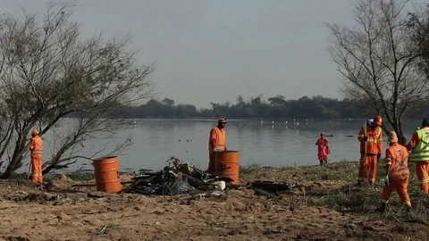 Pollution: city workers clean river bank, worker carries bag to stack of trash Stock Footage 78925441