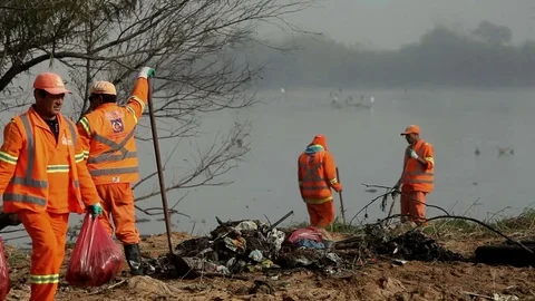 Pollution: city workers clean up trash from River Bank, birds on the background Video stock 78934068