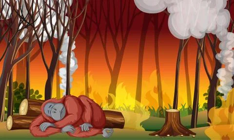 Pollution control scene with monkey and wildfire Illustrazione stock