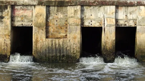 Pollution drain flowing stream to a river Stock Footage 87026789