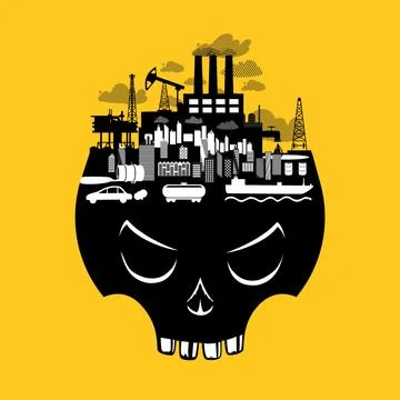 Pollution environment concept with skull and factory. Ecological vector poster Stock Illustration