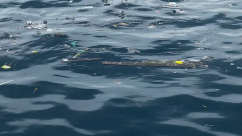 Pollution floats on dark blue ocean water surface in natural environment. Video stock 328030499