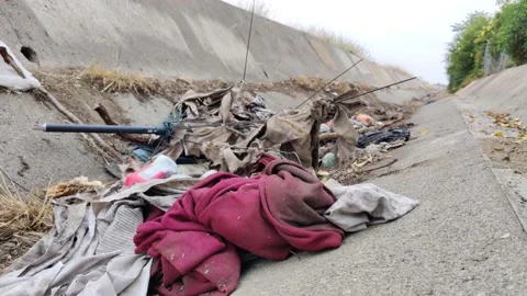 Pollution Grunge Trash Waste Garbage in Ditch Wash Environment California USA Video stock 155204743