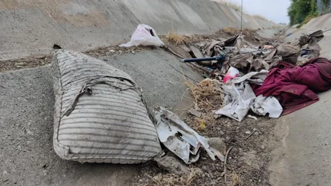 Pollution Grunge Trash Waste Garbage in Ditch Wash Environment California USA Stock-Footage 155211929