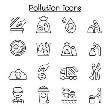 Pollution icon set in thin line style 스톡 일러스트