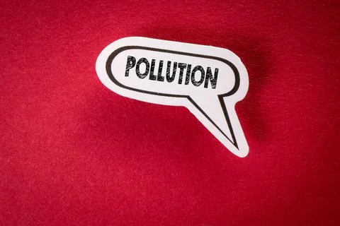 POLLUTION. Paper speech bubble with text on red background Stock Photos